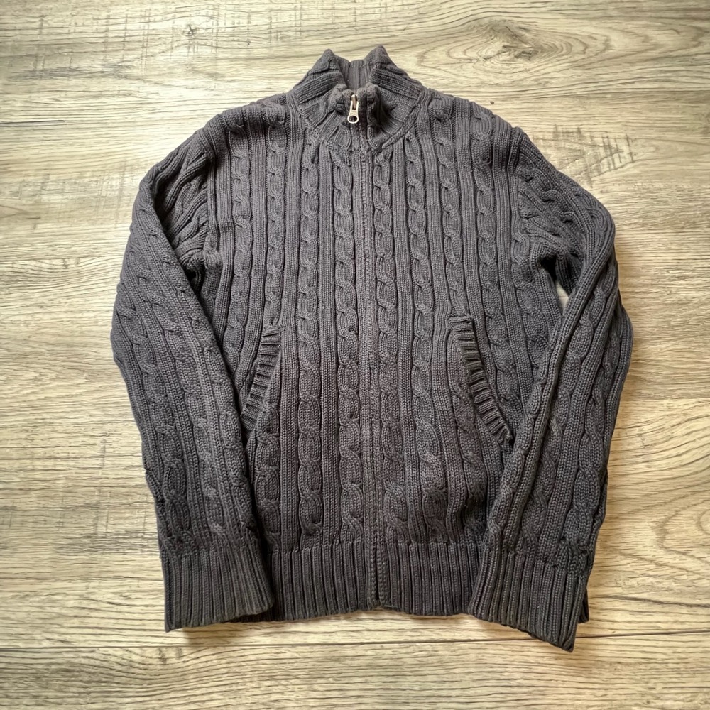 LL Bean Cardigan Sweater Girls M 10/12 Gray Cable Knit Full Zip Mock‎ Neck AE39